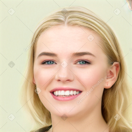 Joyful white young-adult female with long  brown hair and blue eyes