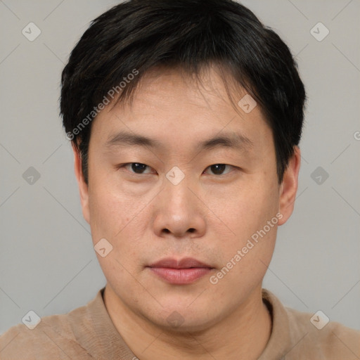 Neutral asian young-adult male with short  brown hair and brown eyes