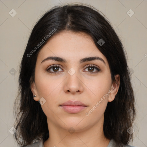 Neutral white young-adult female with medium  brown hair and brown eyes