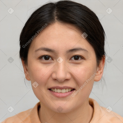 Joyful white young-adult female with medium  brown hair and brown eyes