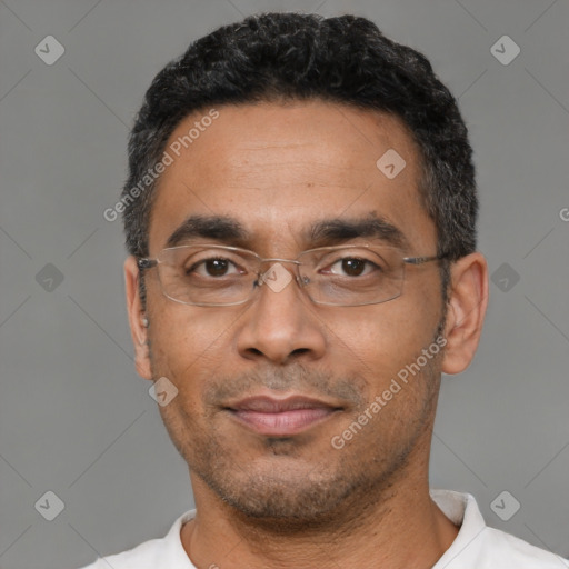 Neutral latino adult male with short  black hair and brown eyes