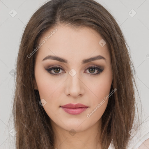 Neutral white young-adult female with long  brown hair and brown eyes