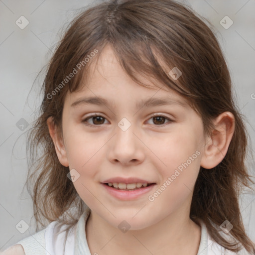 Joyful white child female with medium  brown hair and brown eyes