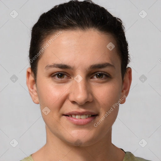 Joyful white young-adult female with short  brown hair and brown eyes