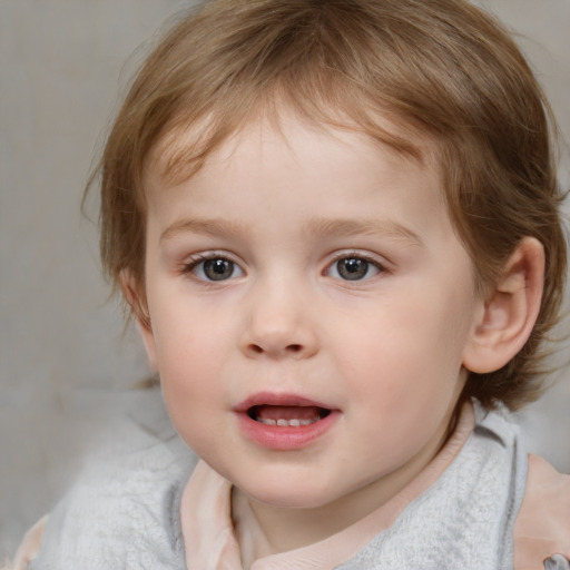 Joyful white child female with medium  brown hair and blue eyes