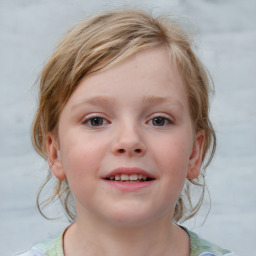 Joyful white child female with medium  brown hair and blue eyes