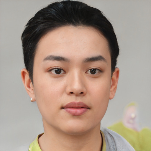 Neutral asian young-adult female with short  black hair and brown eyes