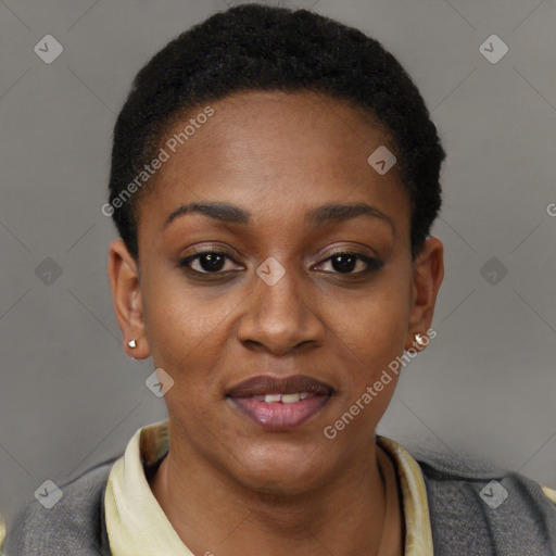 Joyful black young-adult female with short  black hair and brown eyes