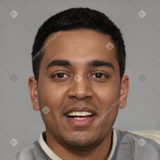 Joyful latino young-adult male with short  black hair and brown eyes