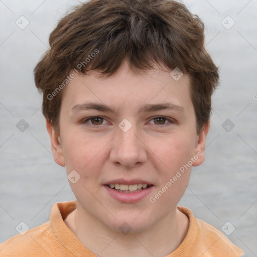 Joyful white child male with short  brown hair and brown eyes