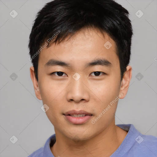 Neutral asian young-adult male with short  black hair and brown eyes