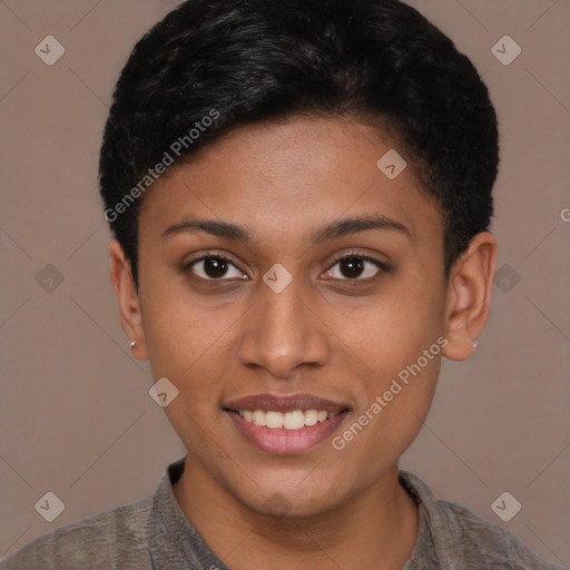 Joyful white young-adult female with short  brown hair and brown eyes