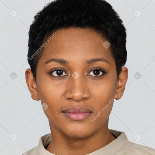 Neutral black young-adult female with short  black hair and brown eyes