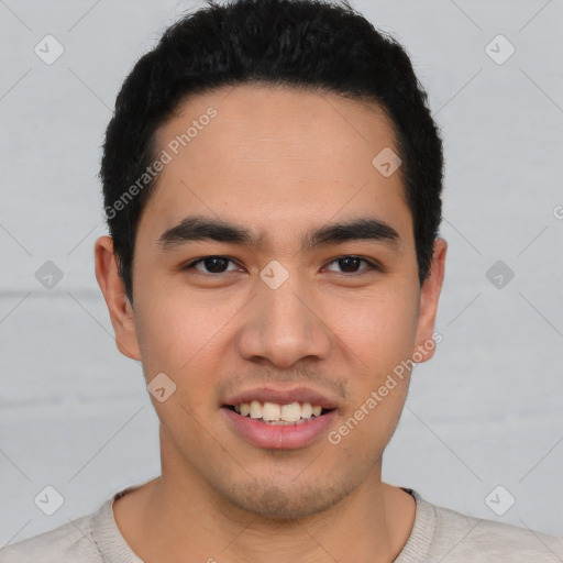 Joyful latino young-adult male with short  black hair and brown eyes