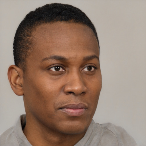 Neutral black young-adult male with short  brown hair and brown eyes