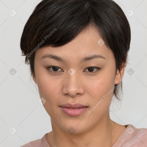 Neutral asian young-adult female with medium  brown hair and brown eyes