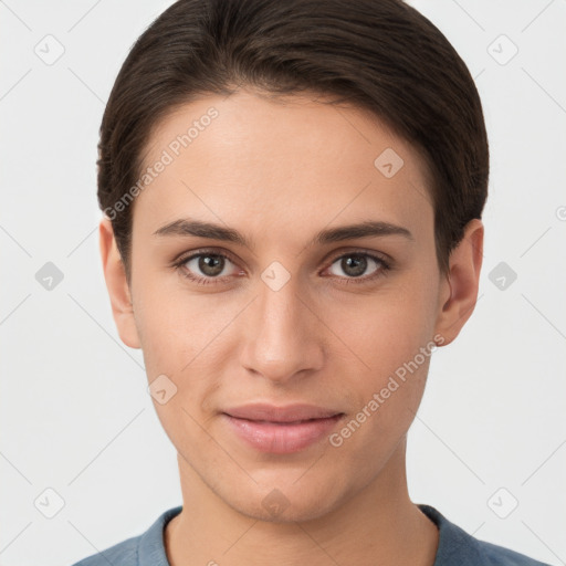 Joyful white young-adult female with short  brown hair and brown eyes