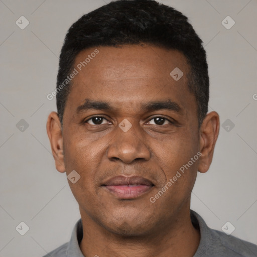 Joyful black young-adult male with short  black hair and brown eyes