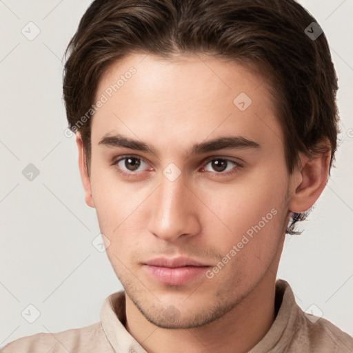 Neutral white young-adult male with short  brown hair and brown eyes