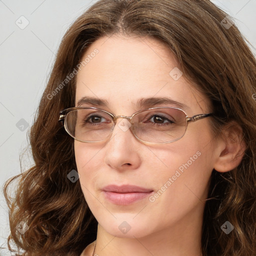 Joyful white adult female with long  brown hair and green eyes