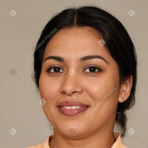 Joyful white young-adult female with medium  brown hair and brown eyes