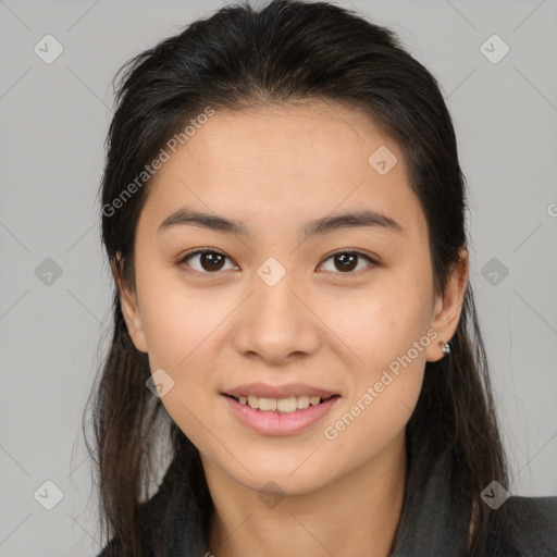 Joyful white young-adult female with long  brown hair and brown eyes