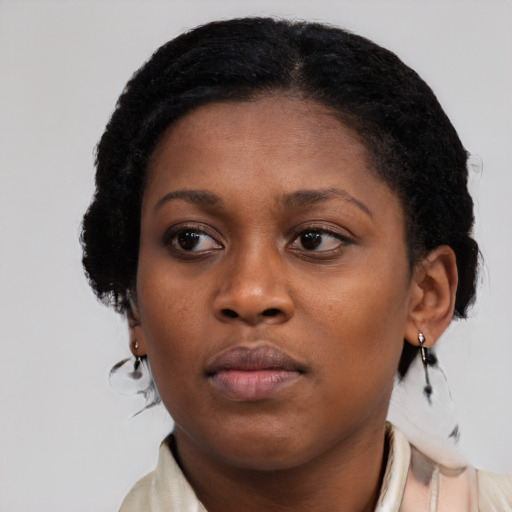Joyful black young-adult female with medium  black hair and brown eyes