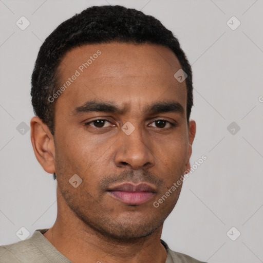 Neutral latino young-adult male with short  black hair and brown eyes