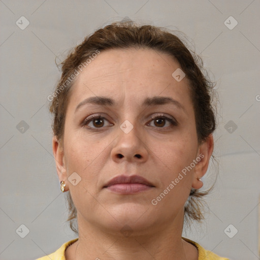 Neutral white adult female with short  brown hair and brown eyes