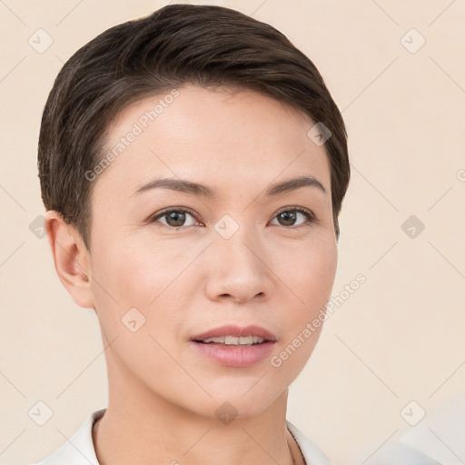 Neutral white young-adult female with short  brown hair and brown eyes