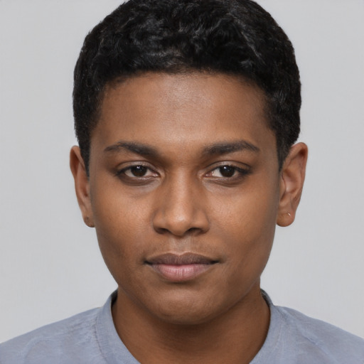 Neutral black young-adult male with short  black hair and brown eyes