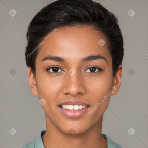 Joyful latino young-adult female with short  brown hair and brown eyes