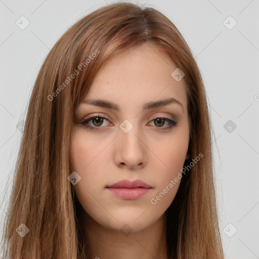 Neutral white young-adult female with long  brown hair and brown eyes