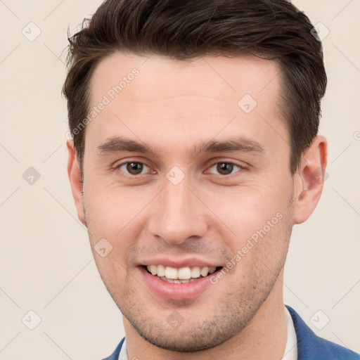 Joyful white young-adult male with short  brown hair and brown eyes