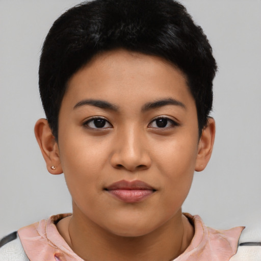 Neutral asian young-adult female with short  black hair and brown eyes