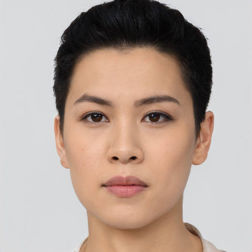 Neutral asian young-adult female with short  black hair and brown eyes