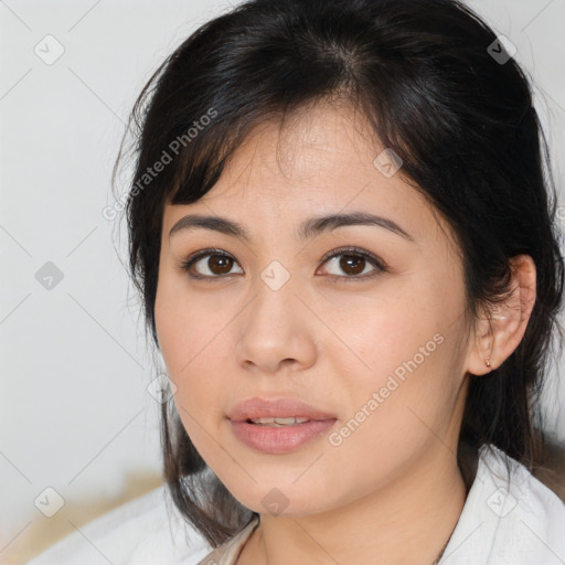 Joyful asian young-adult female with medium  brown hair and brown eyes