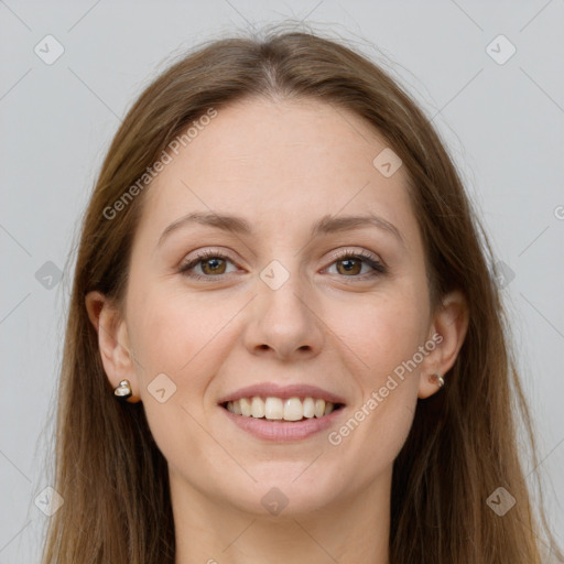 Joyful white young-adult female with long  brown hair and grey eyes