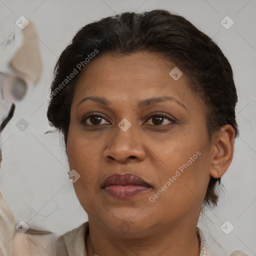 Joyful black adult female with short  brown hair and brown eyes