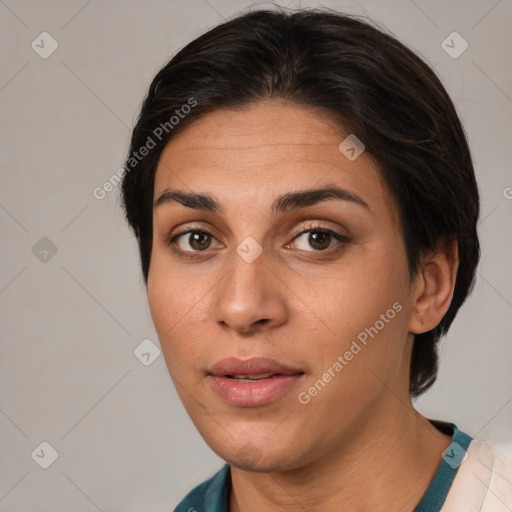 Joyful white young-adult female with medium  brown hair and brown eyes