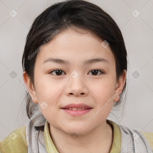 Joyful white child female with medium  brown hair and brown eyes