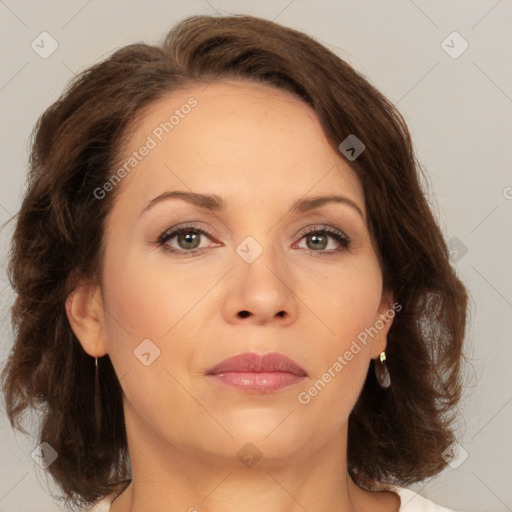 Neutral white young-adult female with medium  brown hair and brown eyes