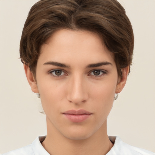 Neutral white young-adult female with short  brown hair and brown eyes