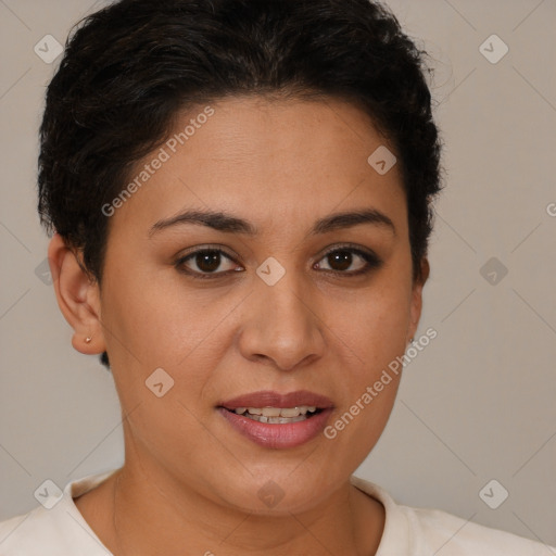 Joyful white young-adult female with short  brown hair and brown eyes