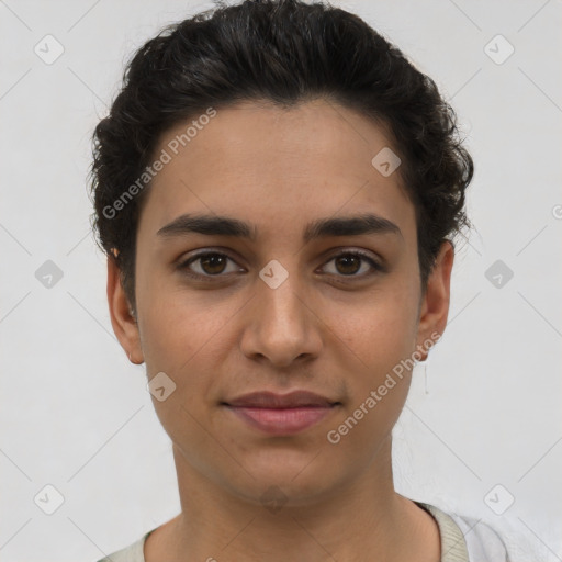 Joyful latino young-adult female with short  brown hair and brown eyes