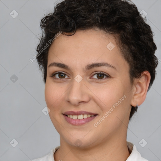 Joyful white young-adult female with short  brown hair and brown eyes