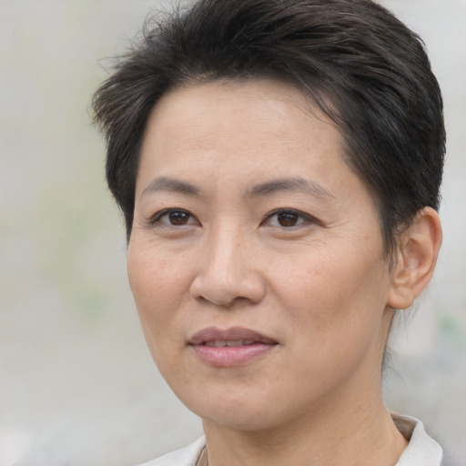Joyful asian adult female with medium  brown hair and brown eyes