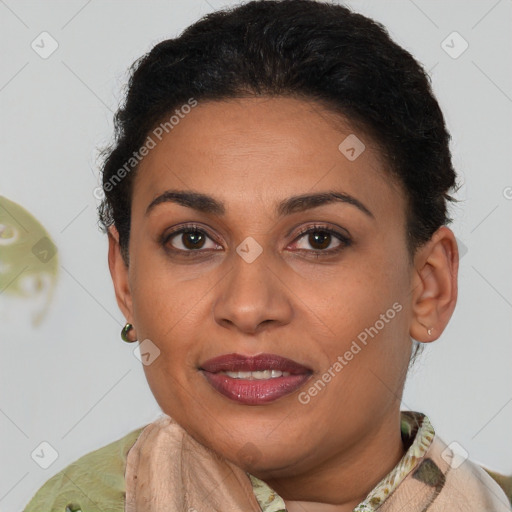 Joyful latino young-adult female with short  brown hair and brown eyes