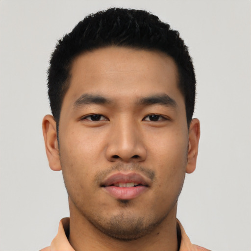 Neutral asian young-adult male with short  black hair and brown eyes