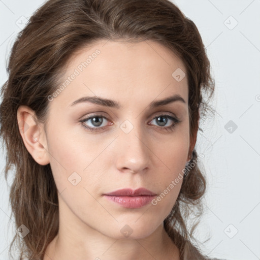 Neutral white young-adult female with medium  brown hair and grey eyes